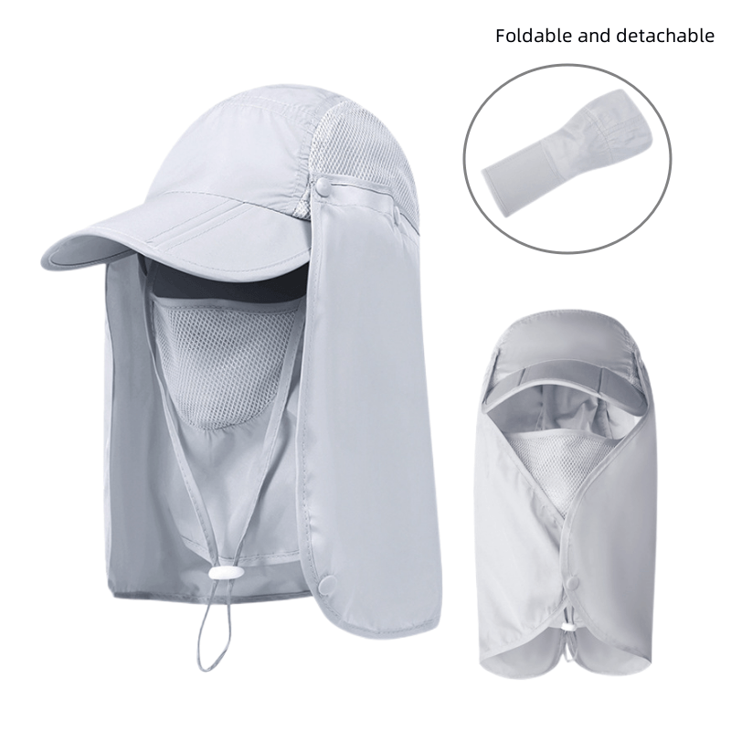 The VisBeaut Sun Hat, Fishing Cap, and Baseball Cap with Neck Cover and Face Mask for Outdoor Sports is shown in dark gray with a wide brim. It also includes a neck flap and face cover, visible from the front and side views. The hat features breathable mesh panels and an adjustable chin strap. Detailed images include an unfolded display, emphasizing its practical design for optimal protection.
