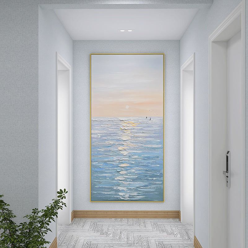 Large Ocean Seascape Modern Abstract Hand Painted Oil Painting On Canvas, featuring gold foil accents, in a narrow hallway with textured walls and a patterned floor rug, accompanied by a small plant.