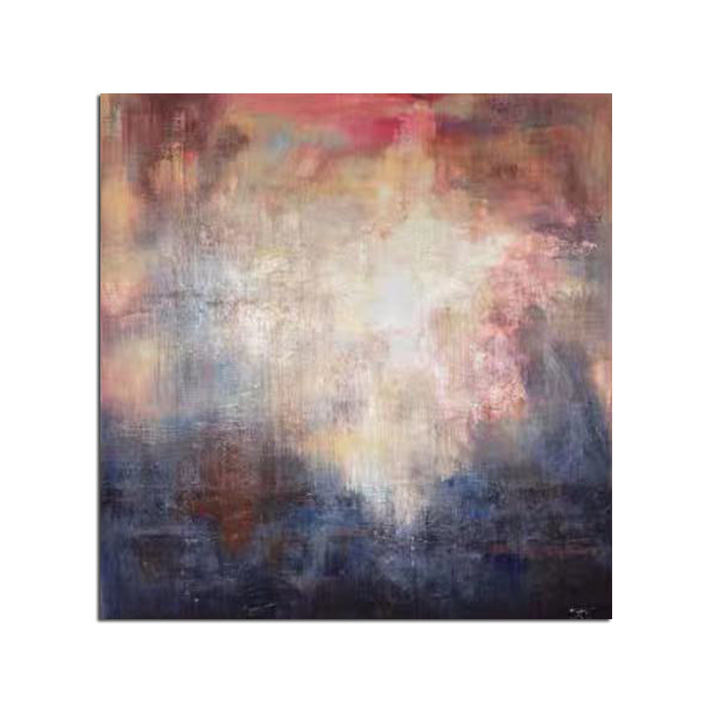 Abstract oil painting featuring blended colors of red, white, and blue with textured brush strokes on canvas, resembling a cloudy, ethereal scene.