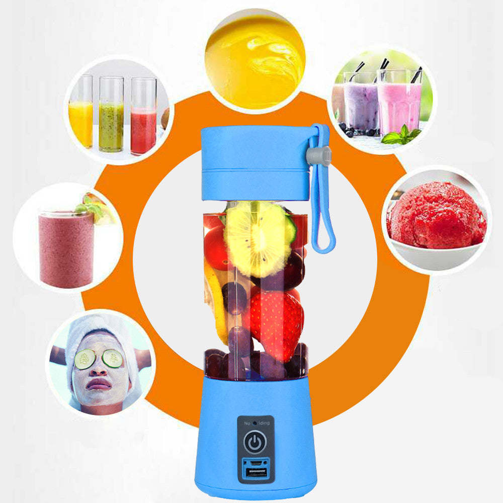 A Portable USB Electric Fruit Juice Blender Deluxe Version with 6 Blades with fruit in it.