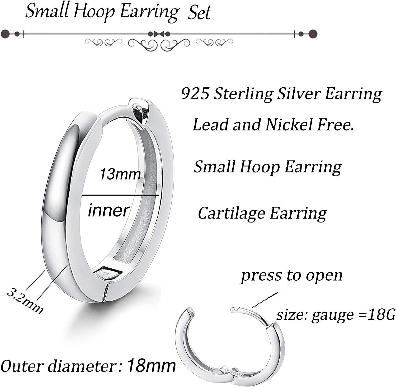 A pair of 925 Sterling Silver Hoop Earrings for Women Men Ear Cuff Small Huggie Earrings Cartilage Piercing Earrings 13mm with a minimalist design, each featuring a small diamond accent at the top.