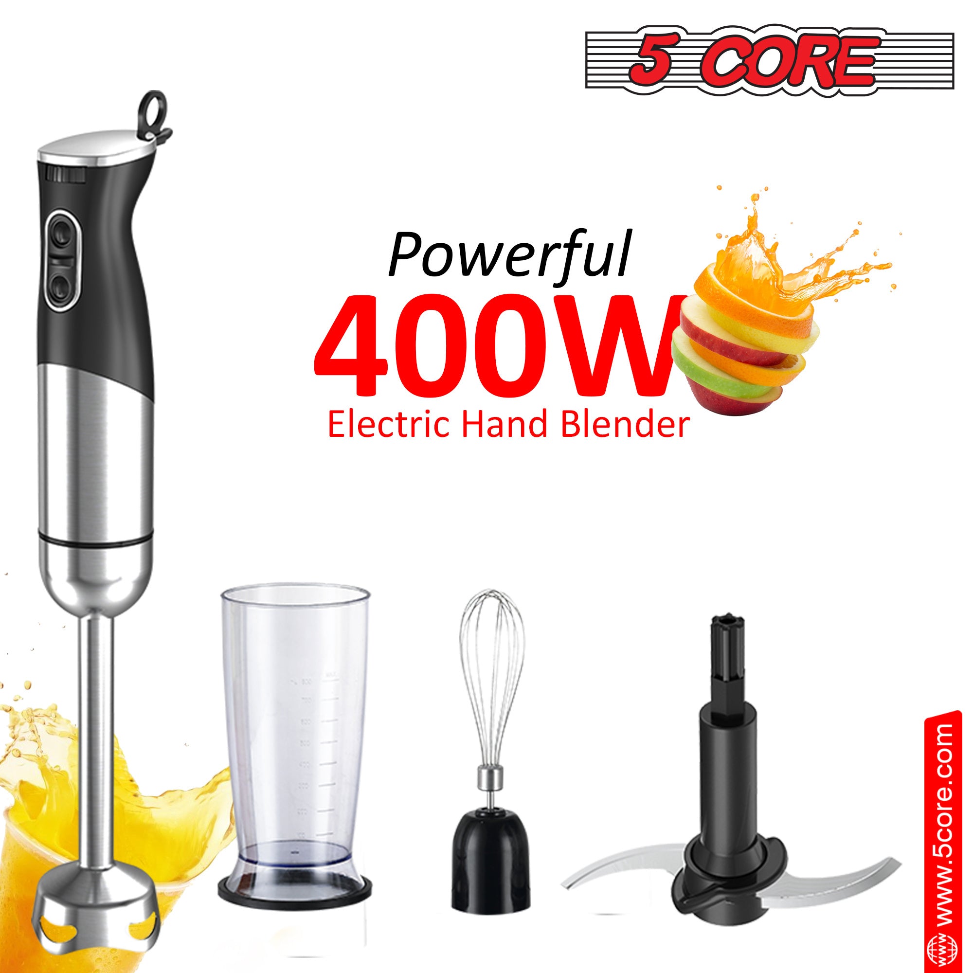 An 5Core 400W Immersion Hand Blender Multifunctional Electric 9 speed 2 accessories HB 1516 with fruit and a glass of juice.