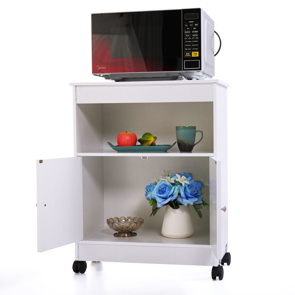 A Wood Kitchen Microwave Cabinet Cart with 4 Universal Wheels and Roomy Inner Space for Home Use, White, compact microwave with storage space, easy to assemble on a cart in a kitchen.