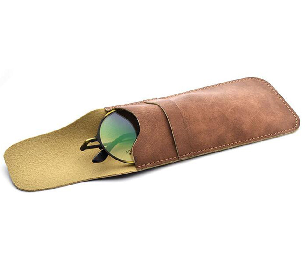 Brown PU leather sheath with a flap closure and stitched detailing, designed for holding 2 Pack Retro Eyeglass Pouch Portable Khaki Sunglass Goggles Case for Men Women.