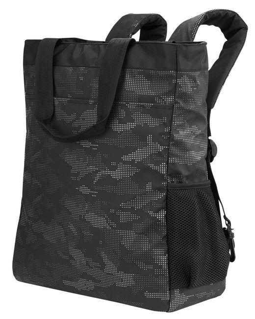 A Men's Reflective Convertible Backpack Tote - BLACK/ CARBON - OS with a camouflage pattern.
