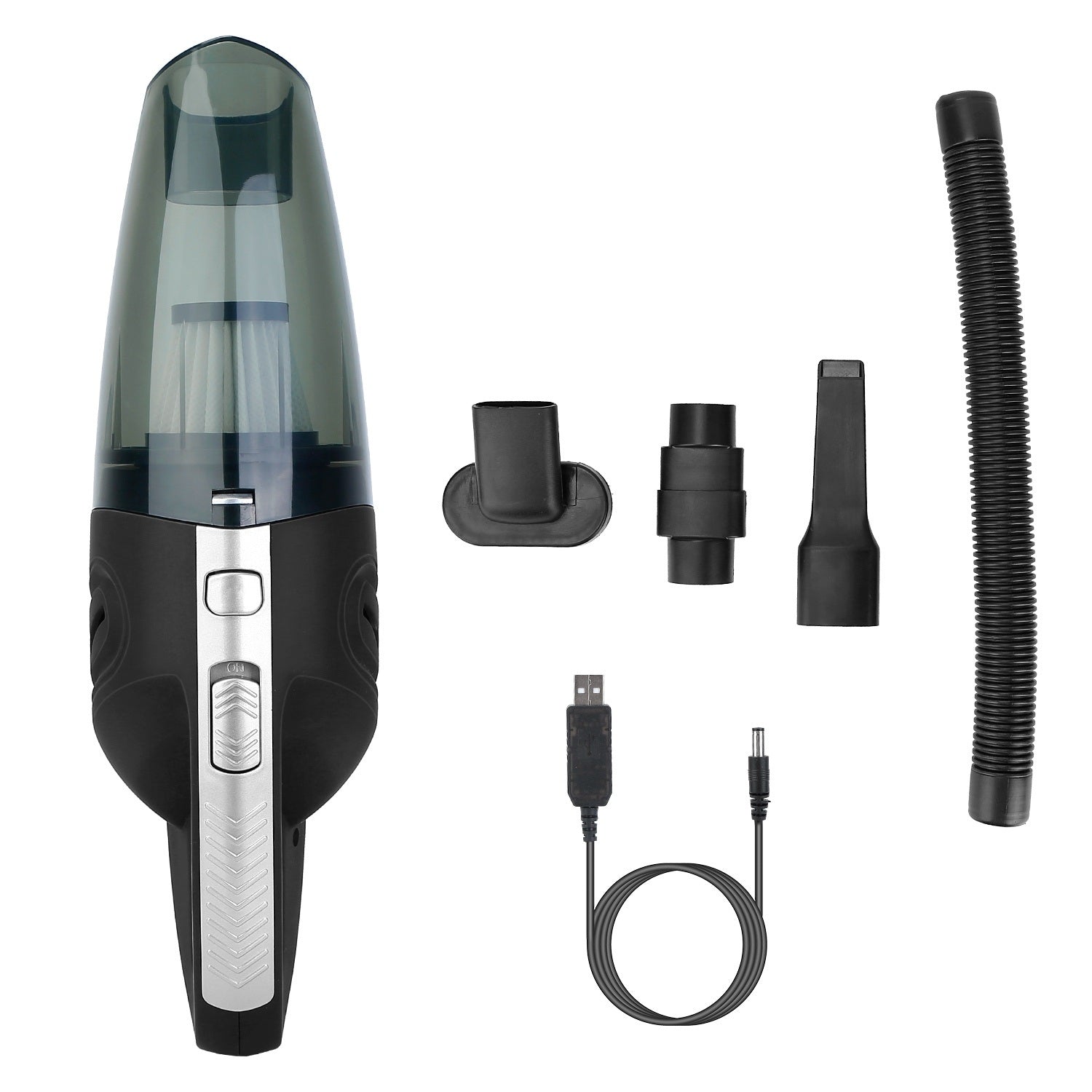 Car Handheld Vacuum Cleaner Cordless Rechargeable Hand Vacuum Portable Strong Suction Vacuum with various nozzles and USB charging cable, featuring graphics demonstrating its use in a car and on furniture.