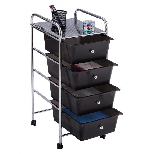 A metal storage cart with shelves next to a stack of colorful 4-Drawer Cart Storage Bin Organizer Rolling with Plastic Drawers in red, blue, green, and orange.