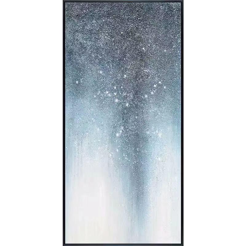 Abstract vertical painting featuring a gradient of white and gray with speckles resembling stars, suggesting a cosmic theme. This Large Original Hand Painted Abstract Textured Modern Blue Oil Painting On Canvas Wall Art For Living Room Home Decor No Frame enhances its allure by integrating an abstract oil painting technique.