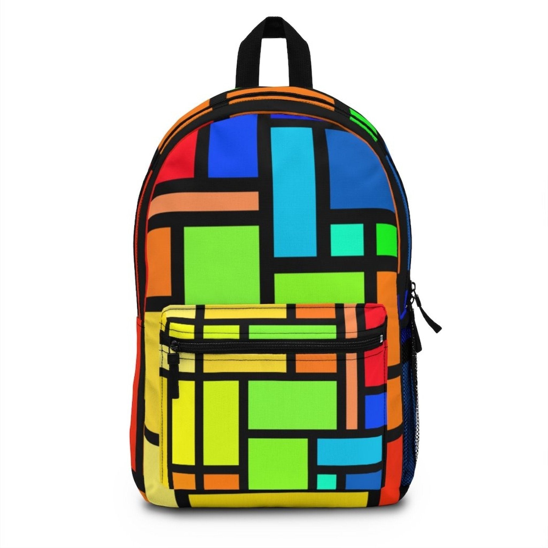 A Doba Backpack Bag, Canvas Double Shoulder Strap Geometric Stripe Design - Multicolor with squares on it.