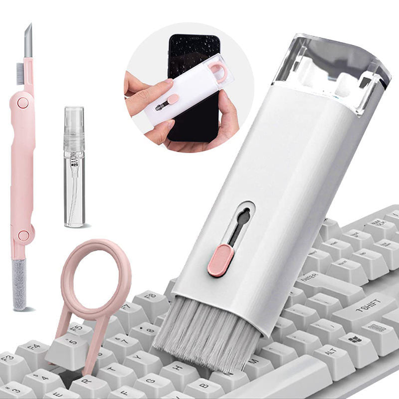 A hand holding a 7 In 1 Multifunctional Bluetooth Headset Cleaning Pen Set Keyboard Cleaner Cleaning Tools Cleaner Keycap Puller Kit with attachments for cleaning small devices such as laptops, showcased in use scenarios.