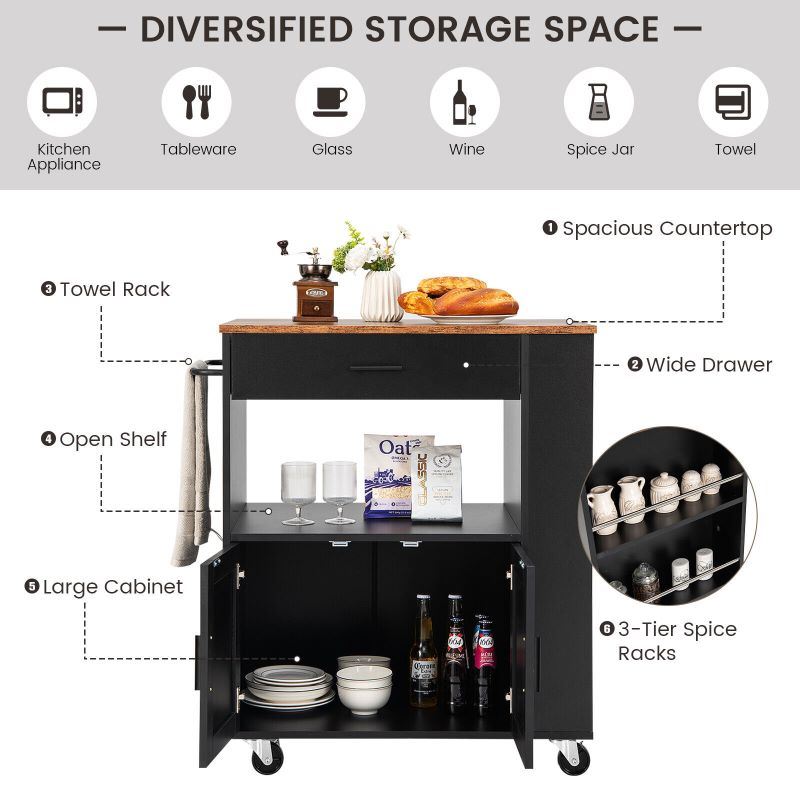 A waterproof Rolling Storage Cabinet Kitchen Cart For Home And Bar Commercial Usage with spacious shelves and bread on it.