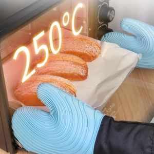 These Silicone Insulated Gloves Microwave Oven High Temperature Kitchen Anti-Hot Gloves, in blue and black with a loop for hanging, offer excellent protection for all your baking needs.