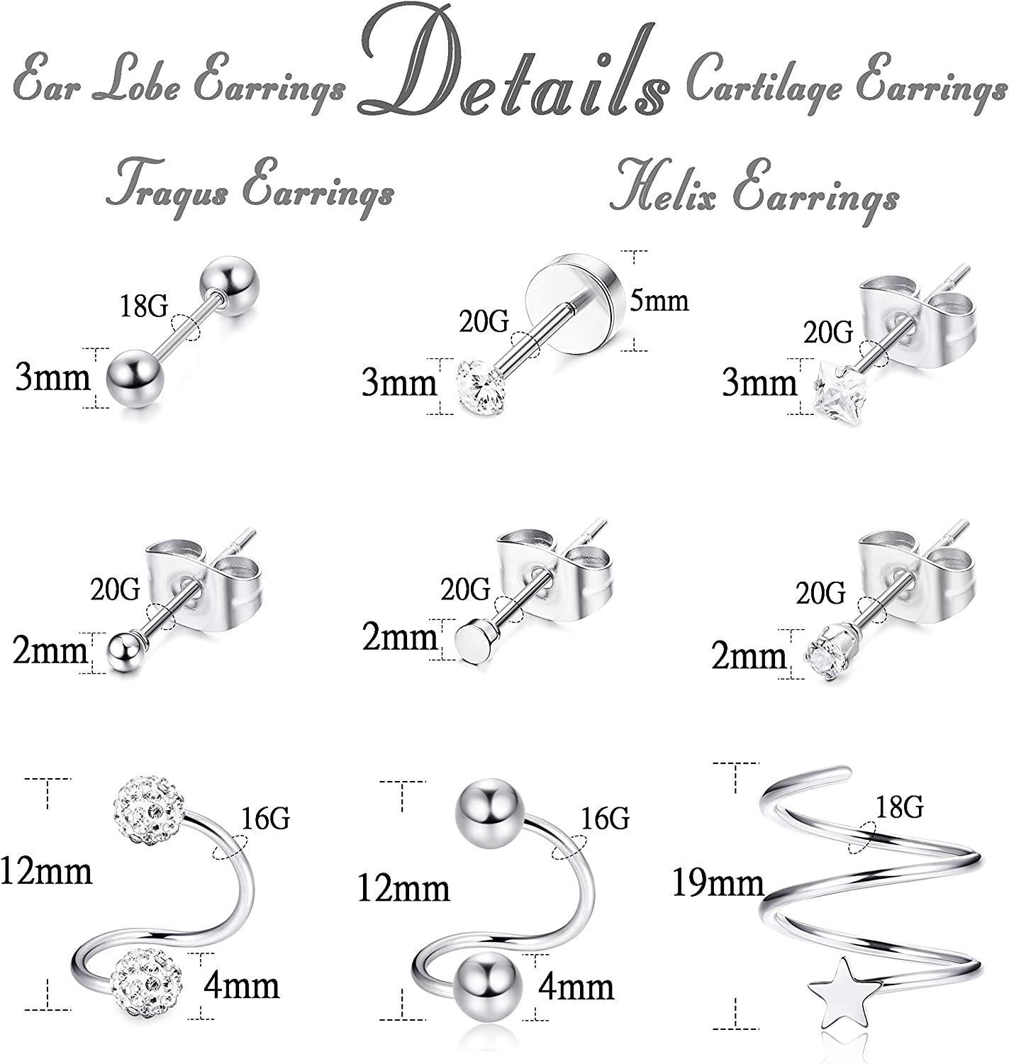 Stainless Ear Cartilage Earrings Hoops for Men Women Tiny Stud Earrings Ball CZ Inlaid Cartilage Stud Tragus Conch Helix Spiral Barbell Piercing Jewelry
