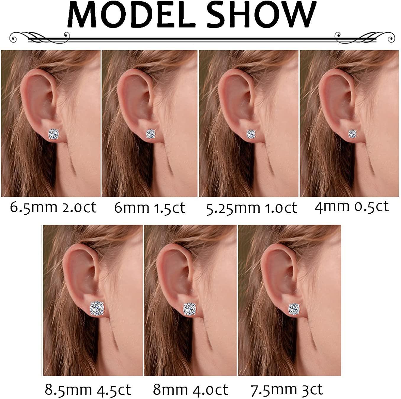 Close-up image of the Sterling Silver Cubic Zirconia Stud Earrings for Women Men, which feature round-cut, sparkling cubic zirconia gemstones set in 14k white gold plated metal with S925 engraved on the post, indicating hypoallergenic sterling silver.