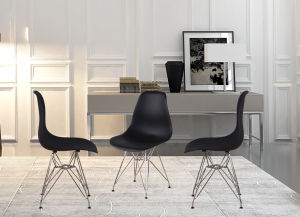 The Set of 4 Modern Style Dining Chairs are mid-century modern side chairs with a black plastic shell lounge design, wooden walnut legs, and metal supports, perfect for your kitchen, dining room, bedroom, or living room.