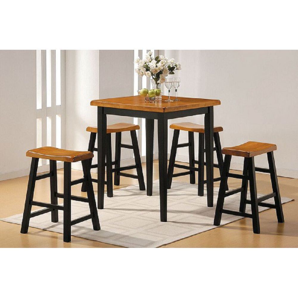 This Gaucho Counter Height Set (5Pc Pk) in Oak & Black features a space saving design, with four stools and a table. The set is made with a solid wooden top for durability and aesthetics.