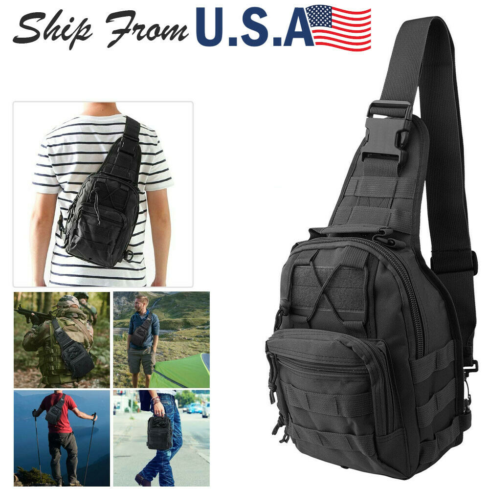 A man wearing a black Doba Men Backpack Tactical Sling Bag Chest Shoulder Body Molle Day Pack Pouch with an american flag.