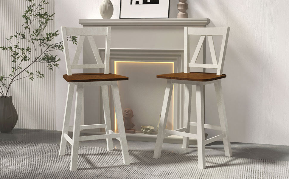 Two Farmhouse 2-Piece Counter Height Dining Chairs with white frames in a modern room with a decorative fireplace and farmhouse decor.