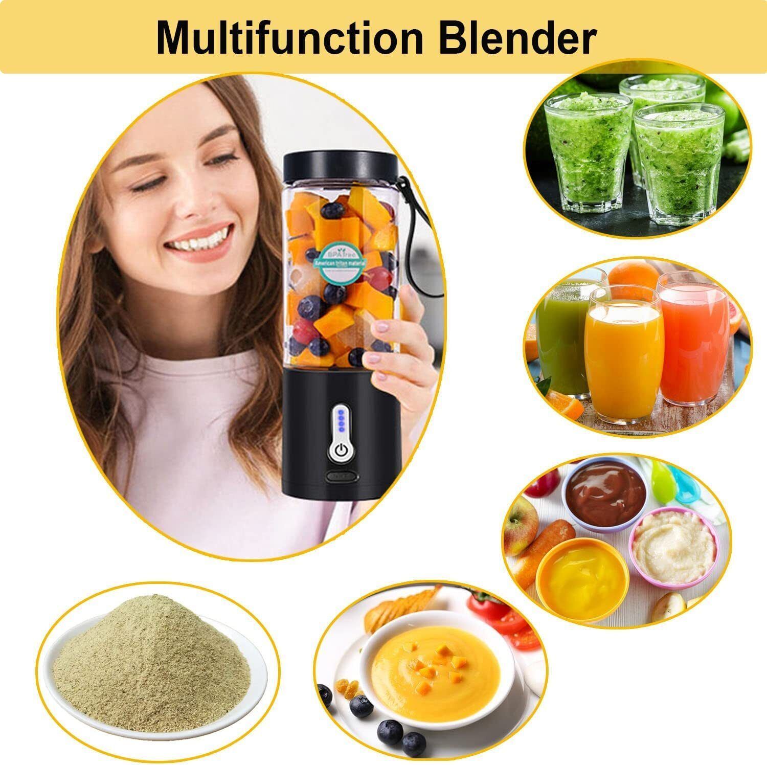 A durable Portable Blender Smoothies Fruit Vegetable Juicer Machine USB Rechargeable Mixer with stainless steel blades, made of food-grade materials, accompanied by fresh fruit and a spoon.