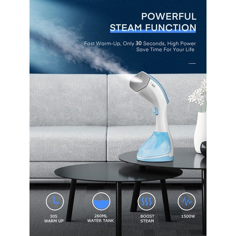 An Garment Steamer in white and blue, with a detachable brush and lint remover, plus a close-up view of the steam panel. This 1500 watts steamer efficiently smooths