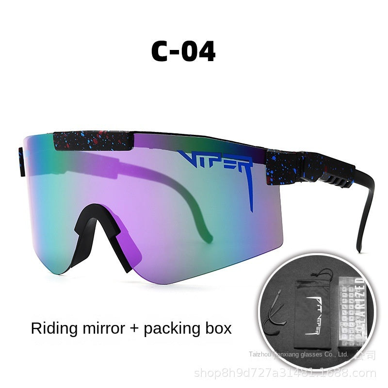 A pair of Pits Viper Riding Glasses Outdoor Sports Sunglasses for men, featuring "VIPER" branding on the lens and frame, with a red and white pattern on the arms. Designed for outdoor sports, they offer UV400 protection and come labeled "C-21," including a riding mirror and packing box.