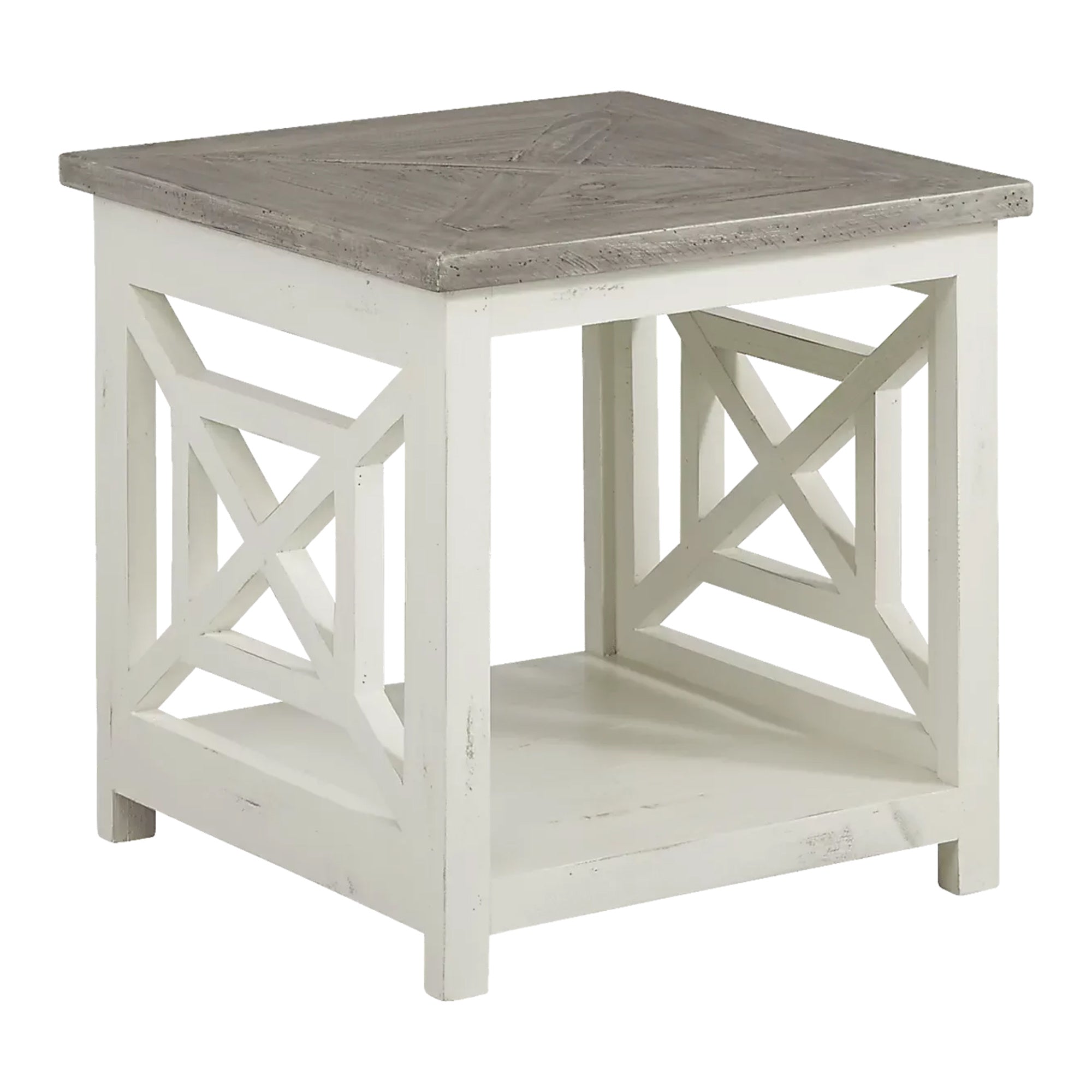 Solid Wood Farmhouse End Table with X Shape Side Panels; White and Brown; DunaWest