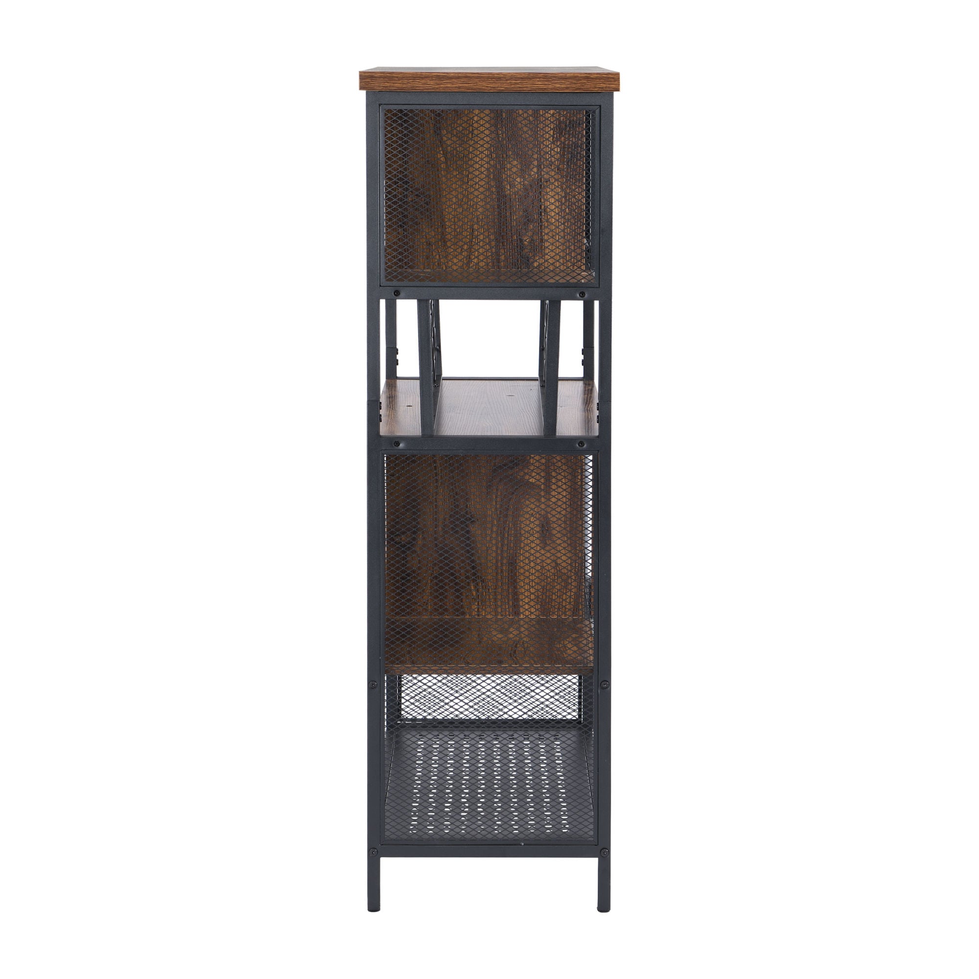An Industrial Bar Cabinet with Wine Rack for Liquor and Glasses; Wood and Metal Cabinet for Home Kitchen Storage Cabinet with shelves.