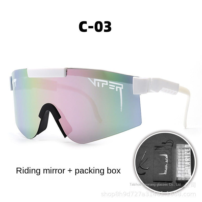 A pair of Pits Viper Riding Glasses Outdoor Sports Sunglasses for men, featuring "VIPER" branding on the lens and frame, with a red and white pattern on the arms. Designed for outdoor sports, they offer UV400 protection and come labeled "C-21," including a riding mirror and packing box.