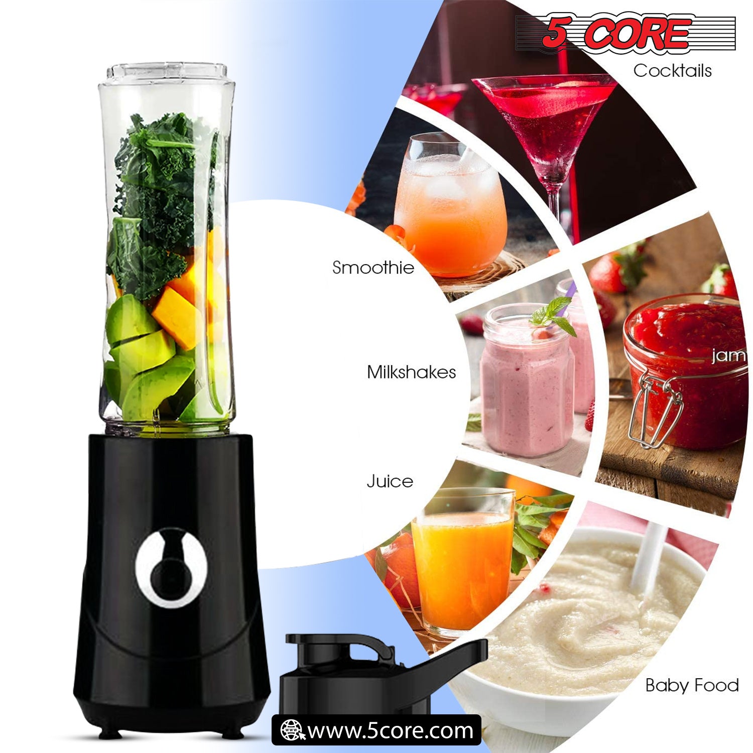 A woman is standing in front of a 5 Core 500ml Personal Blender and Nutrient Extractor For Juicer; Shakes and Smoothies; 160W licuadora portátil filled with fruits and vegetables.