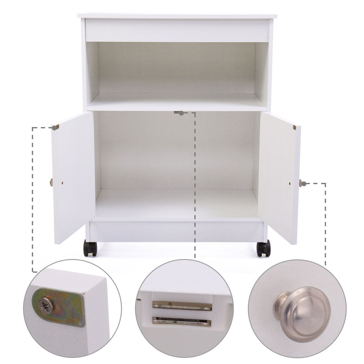 A Wood Kitchen Microwave Cabinet Cart with 4 Universal Wheels and Roomy Inner Space for Home Use, White, compact microwave with storage space, easy to assemble on a cart in a kitchen.