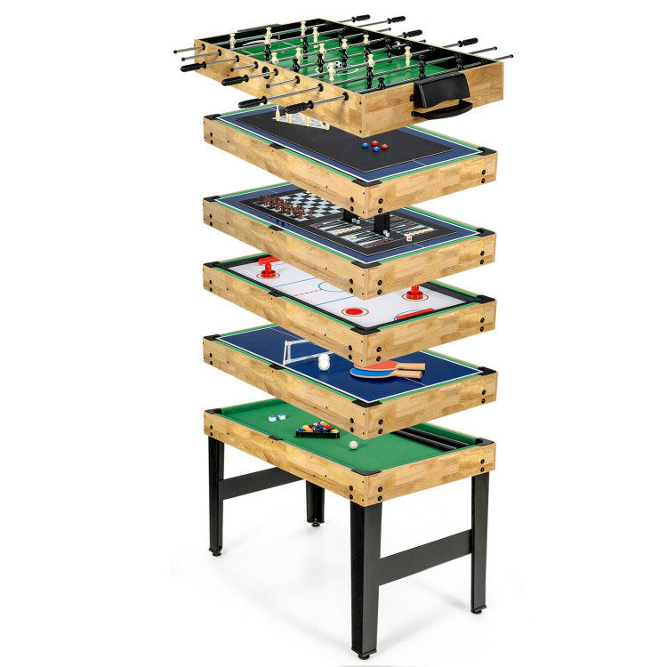 A stack of 10-in-1 Multi Combo Game Table Set for Home, durable and stable construction, multi-purpose game tables on top of each other.