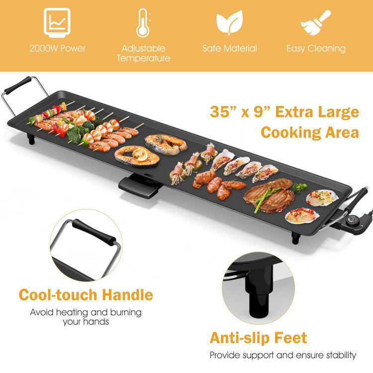 A 35 Inch Electric Griddle with Adjustable Temperature featuring a non-stick grill cooking surface and adjustable heat settings for a variety of food.