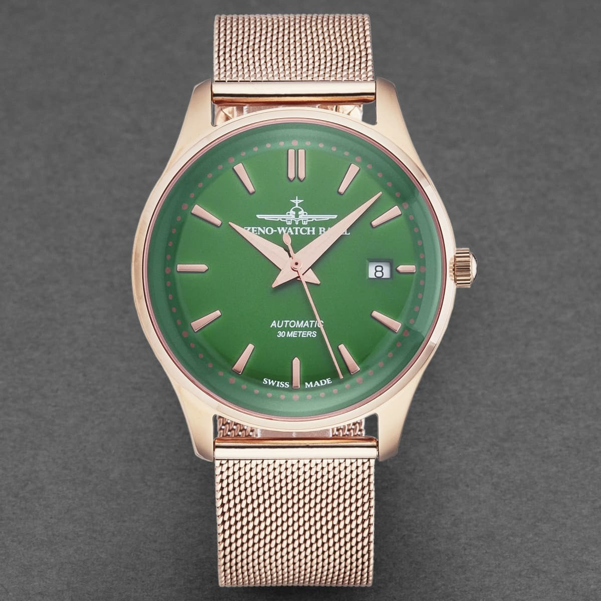A women's Zeno Men's 'Jules Classic' Limited Edition Green Dial Rose Gold Plated Bracelet Automatic Watch 4942-2824PGRG81 with rose gold mesh strap.
