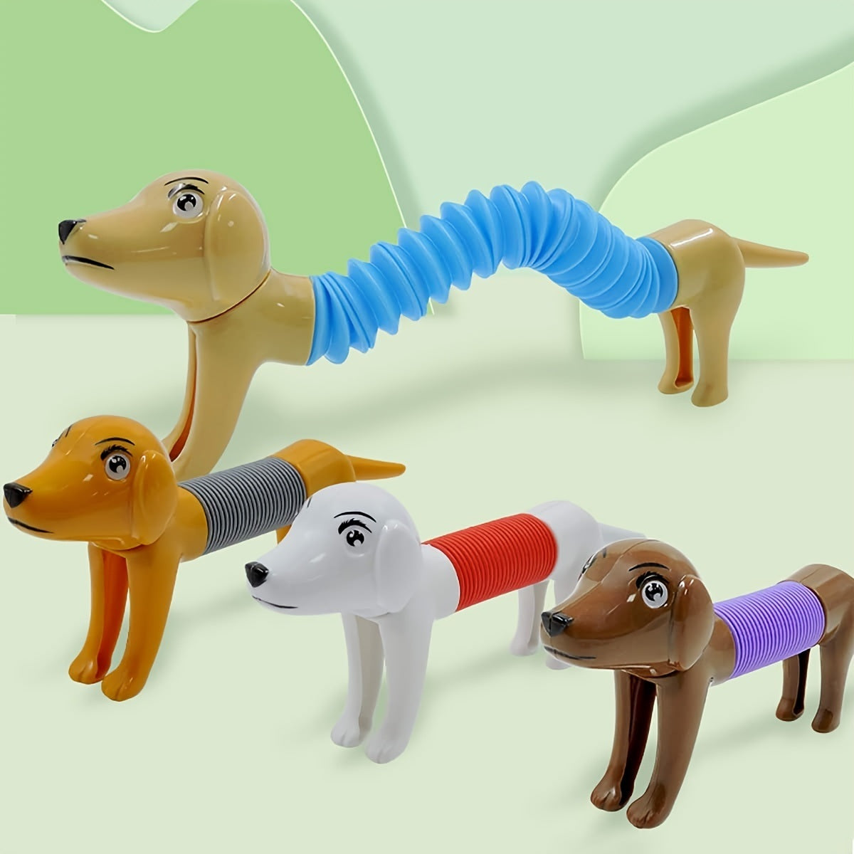 Four Dog Telescopic Tubes painted in brown with white patterns, each adorned with a colorful neck sleeve, are featured isolated on a white background.