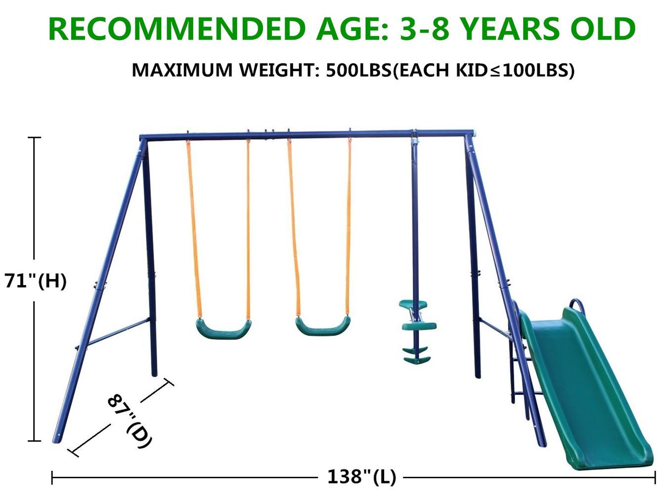 An A-Frame Metal Swing Set w/ Slide (Blue; Green; Orange) with swing seats.