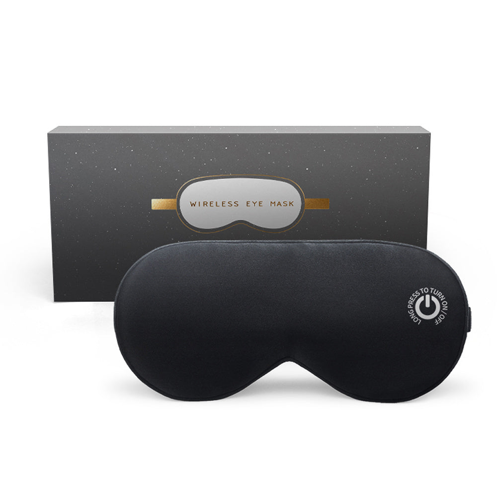 A black New Cordless Heated Eye Mask for Dry Eyes USB Rechargeable Warming Therapy Graphene Heating Reusable Real Silk Sleep Eye Mask with a gold box for relief dry eyes and eye fatigue.