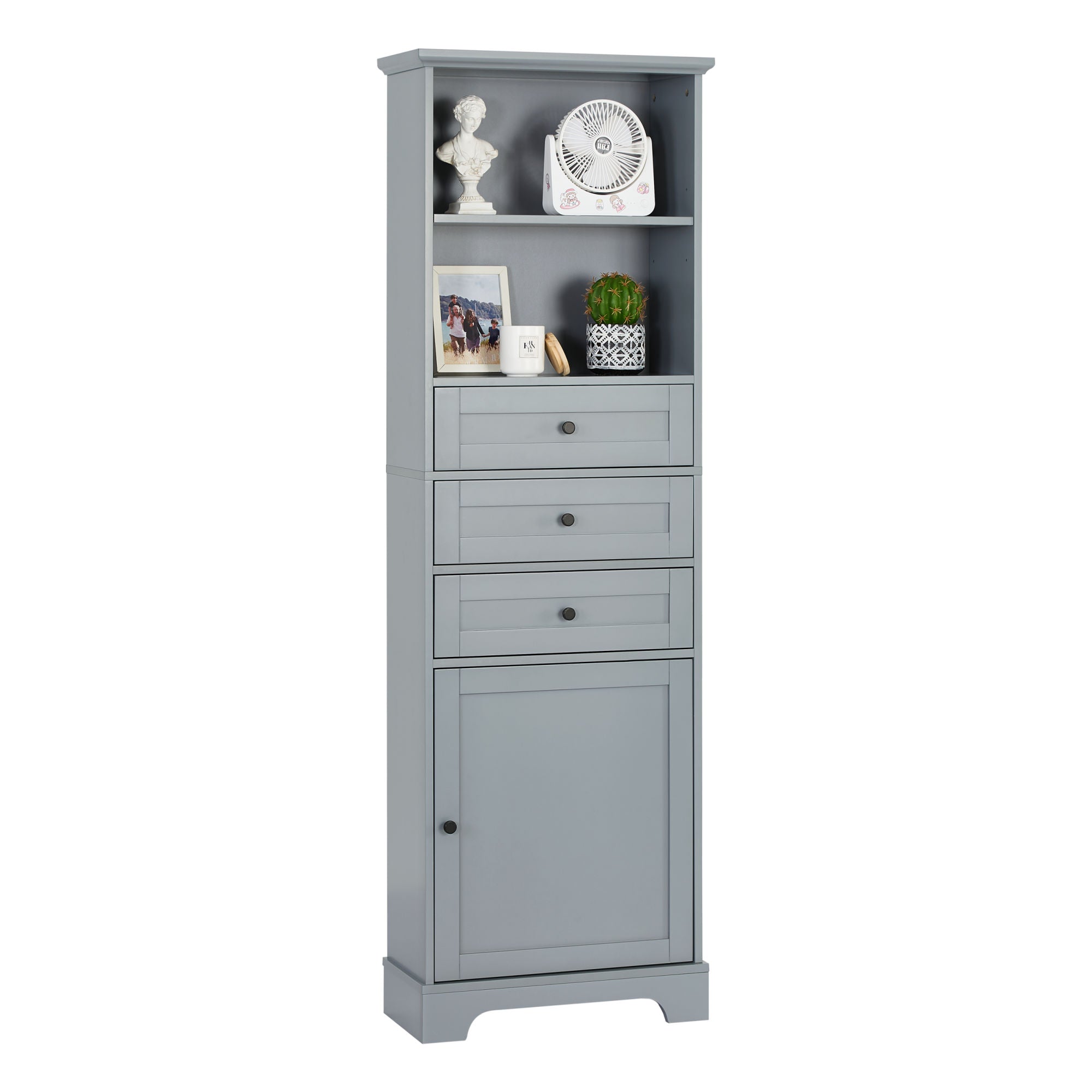 A bathroom with a Tall Storage Cabinet with 3 Drawers and Adjustable Shelves for Bathroom; Kitchen and Living Room; MDF Board with Painted Finish.