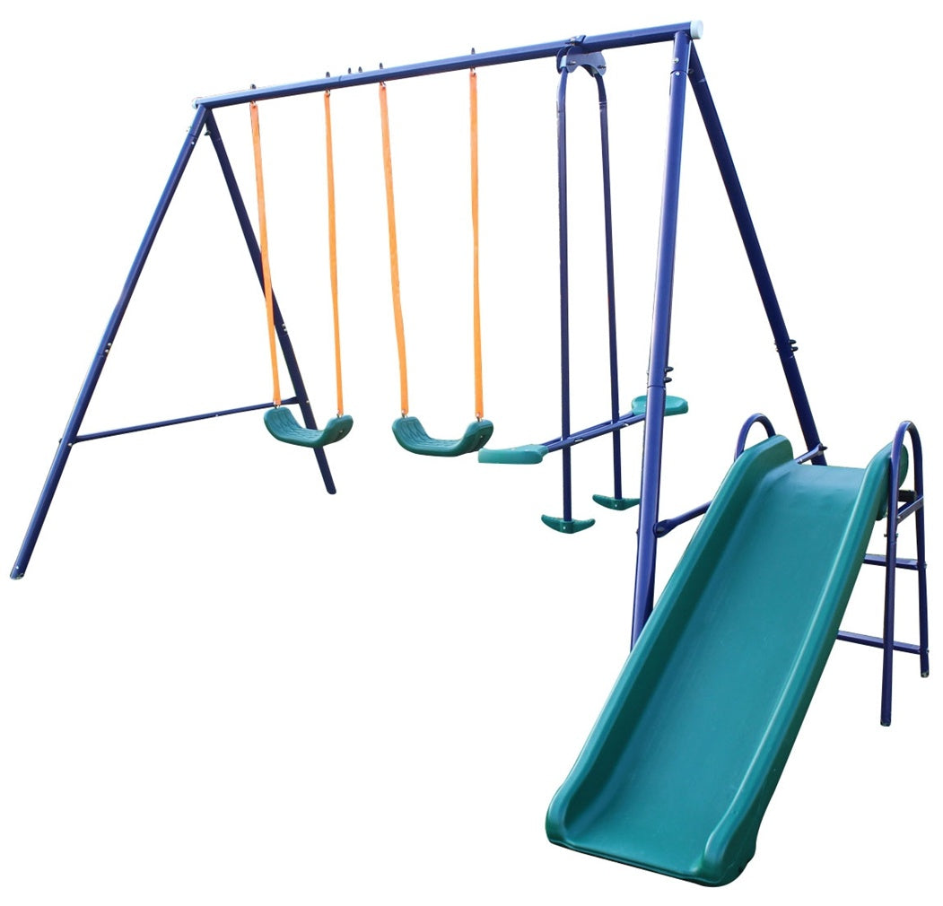 An A-Frame Metal Swing Set w/ Slide (Blue; Green; Orange) with swing seats.
