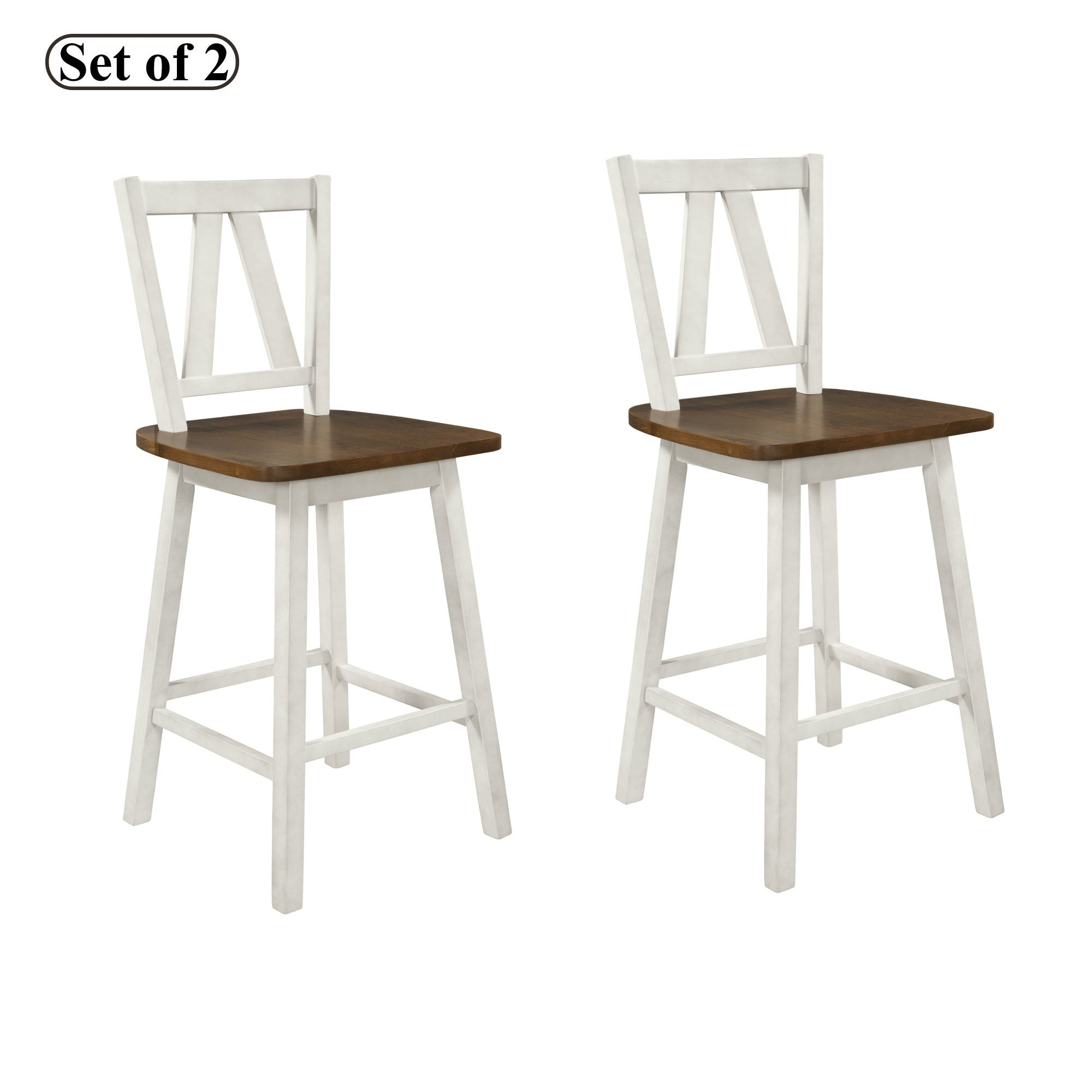 Two Farmhouse 2-Piece Counter Height Dining Chairs with white frames in a modern room with a decorative fireplace and farmhouse decor.