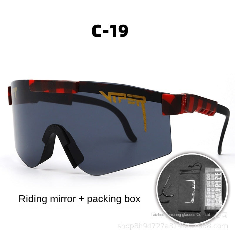 A pair of Pits Viper Riding Glasses Outdoor Sports Sunglasses for men, featuring "VIPER" branding on the lens and frame, with a red and white pattern on the arms. Designed for outdoor sports, they offer UV400 protection and come labeled "C-21," including a riding mirror and packing box.
