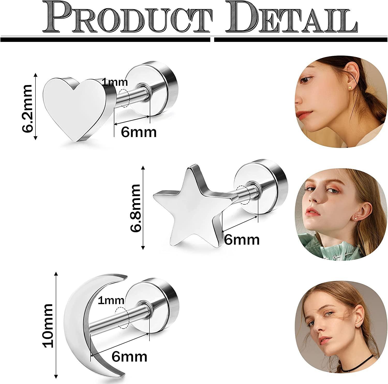 18Pairs 18G 316L Stainless Steel Heart Moon Star Stud Earrings Barbell Piercing Studs for Women Men Cartilage Helix Tragus Ear Piercing Jewelry