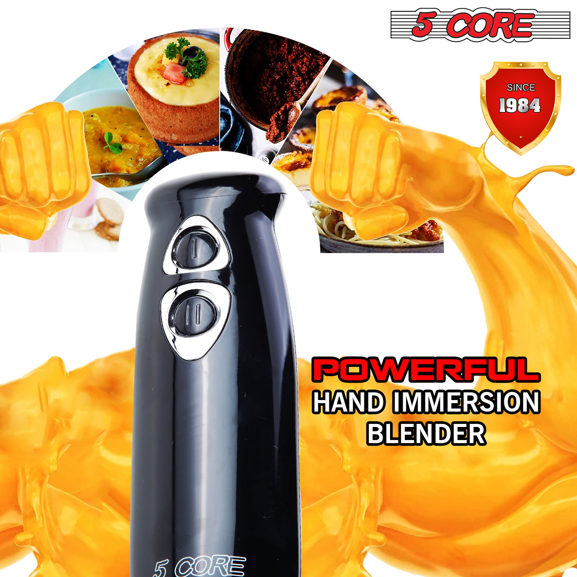 A Hand Blender Immersion Blender Handheld Stick Batidora Electric Blenders Emersion Hand Mixer For Kitchen 5 Core HB 1510 BLK surrounded by fruit, featuring stainless steel blades.