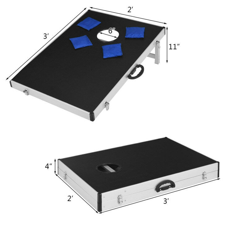 Two black and blue premium construction Cornhole Sets with Foldable Design and Side Handle on a white background.