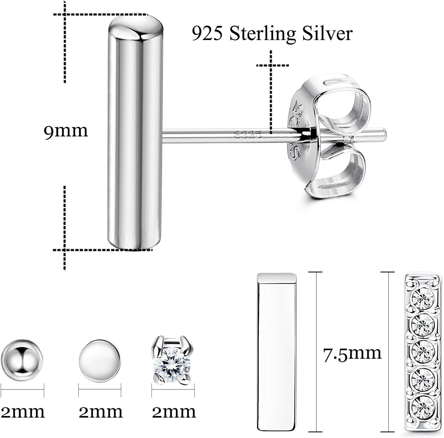 Sentence with replaced product: A collection of various designs of 6 Pairs 925 Sterling Silver 2mm Tiny Stud Earrings Set for Women Men Mini Ball Bar(7.5mm/9mm) CZ Disc Dot Earrings Line Stick Earrings Valentine's Day Gifts, featuring tiny stud earrings and bars embellished with crystals.