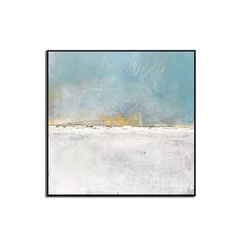 Abstract Flowing Color Canvas Painting Nordic Baby Blue Poster Print Unique Wall Art Pictures for Living Room Bedroom Home Decor with textured strokes of gray and white, highlighted by hints of yellow and beige, framed in black.
