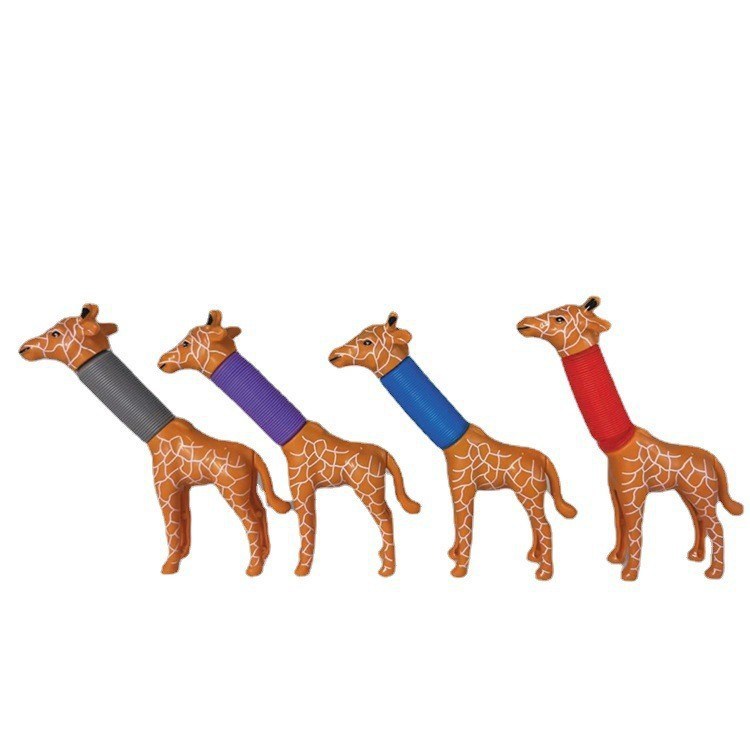 Four Dog Telescopic Tubes painted in brown with white patterns, each adorned with a colorful neck sleeve, are featured isolated on a white background.
