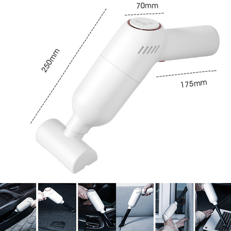 A 9000Pa Wireless Car Vacuum Cleaner Cordless Handheld Auto Vacuum Mini Gun style Portable USB Cleaner Home Car Dual Cleaner Tools with attachments displayed against a gray background, emphasized by the text "9000pa large suction.