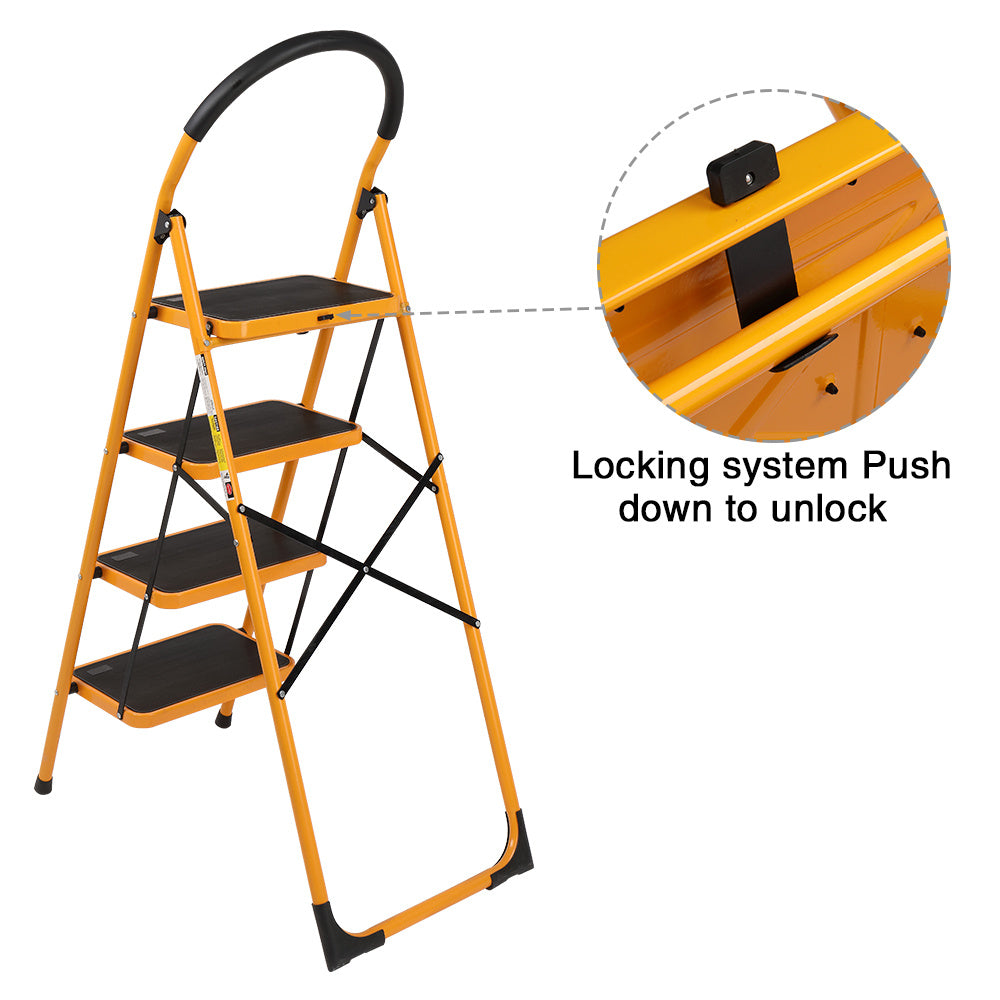 A multi-purpose 4 Step Ladder Folding Step Stool, Anti-Slip with Rubber Hand Grip, Portable Home and Kitchen Anti-Slip Stepladder, RT on a white background.