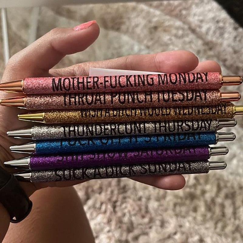 A set of 7pcs Spoof Fun Ballpoint Pens Describing Mentality, each labeled with humorous, profane names for days of the week.