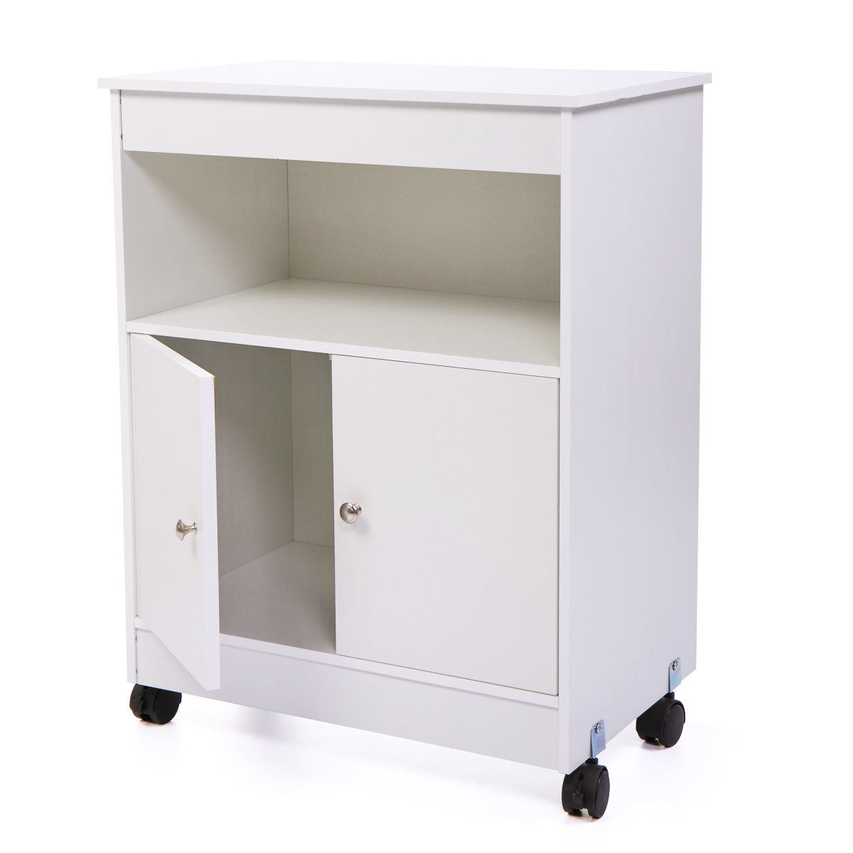 A Wood Kitchen Microwave Cabinet Cart with 4 Universal Wheels and Roomy Inner Space for Home Use, White in a kitchen.